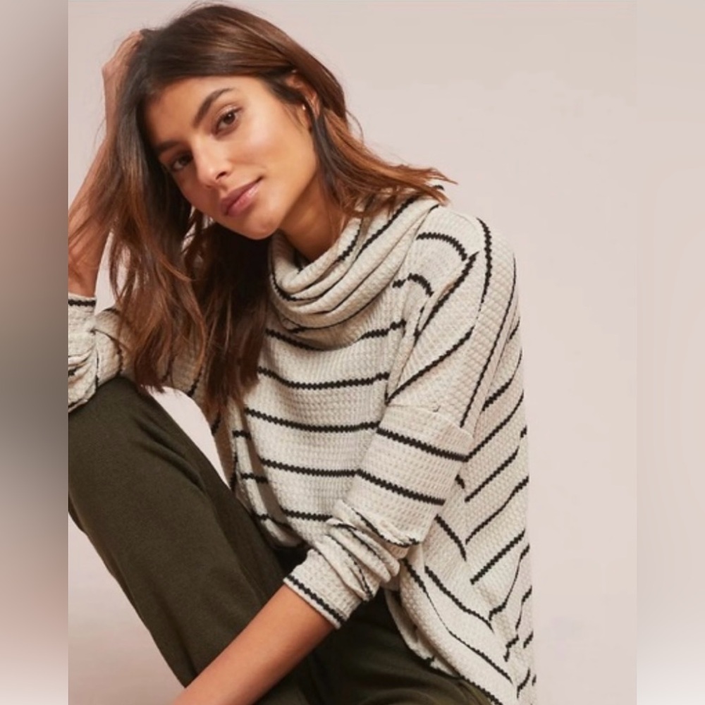 Anthropologie Eri + Ali Ludington Waffle Knit Striped Cowl Neck Sweater